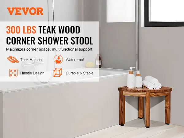 VEVOR-Duschbank aus Teakholz in einem modernen Badezimmer neben einer Badewanne, trägt bis zu 136 kg.