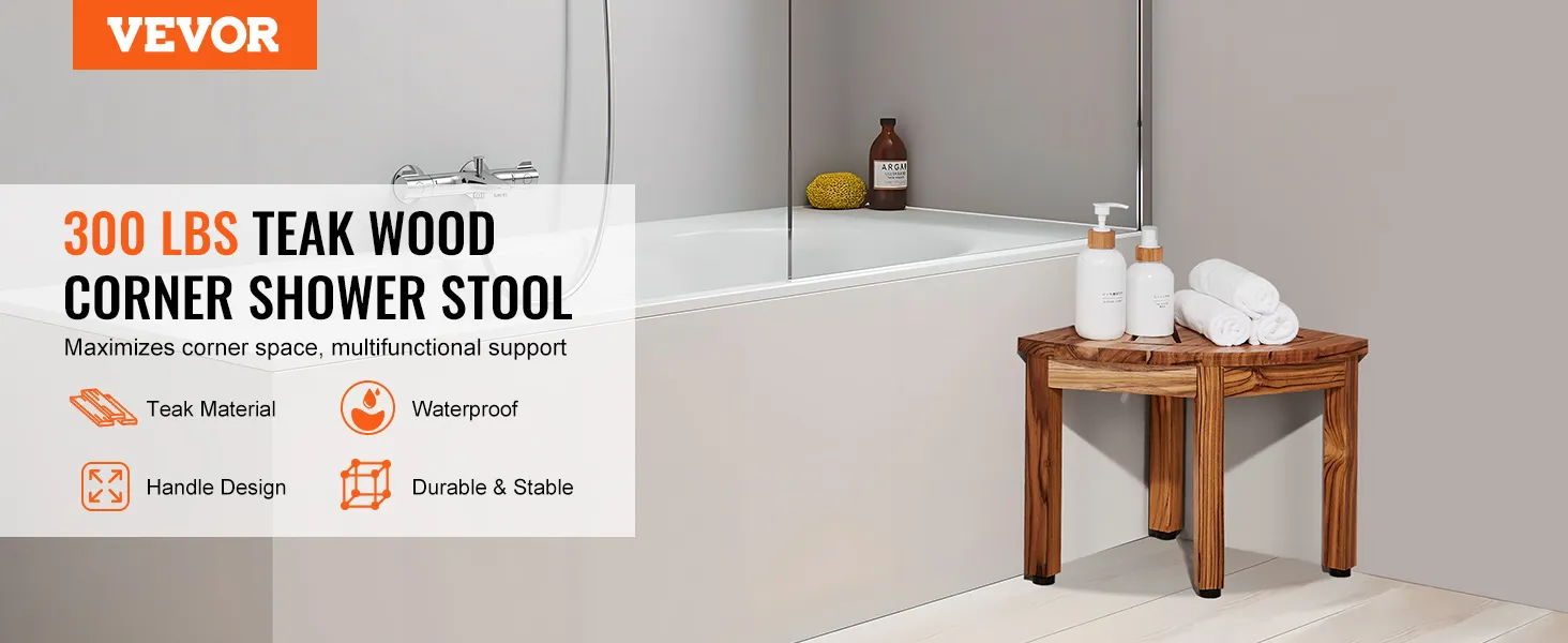 VEVOR-Duschbank aus Teakholz in einem modernen Badezimmer neben einer Badewanne, trägt bis zu 136 kg.