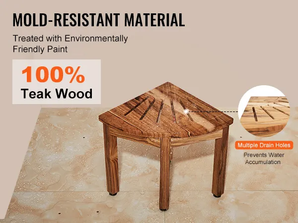 VEVOR Teakholz-Duschbank mit schimmelresistenter, umweltfreundlicher Farbe und mehreren Abflusslöchern.