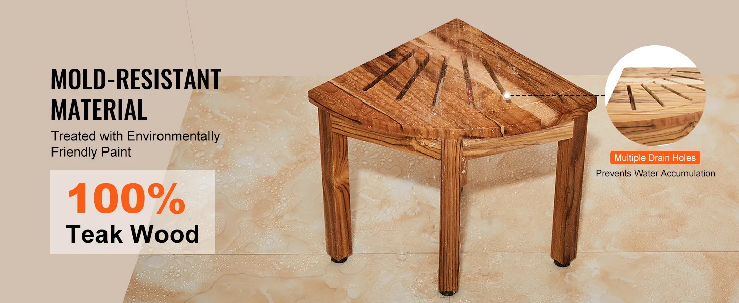 VEVOR Teakholz-Duschbank mit schimmelresistenter, umweltfreundlicher Farbe und mehreren Abflusslöchern.