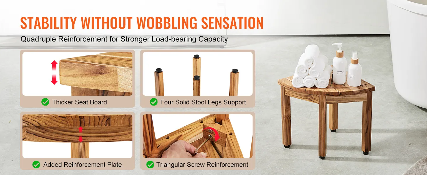 VEVOR Teakholz-Duschbank mit vierfacher Verstärkung, dickerer Sitzfläche und soliden Hockerbeinen.