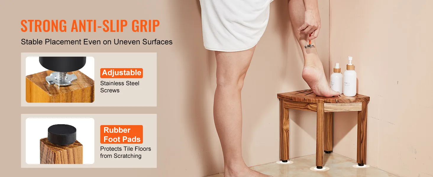 Duschszene mit VEVOR-Duschbank aus Teakholz, verstellbaren Schrauben, Gummifüßen und Rasierschaumflaschen.