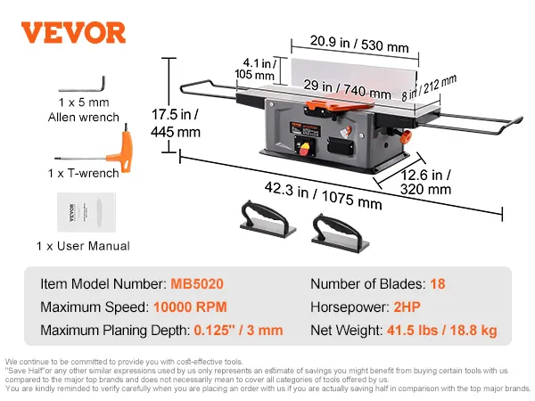 VEVOR spiral benchtop jointer mb5020, 10000 rpm, 2 hp, 18 blades, 42.3 x 19.8 x 12.6 inches.