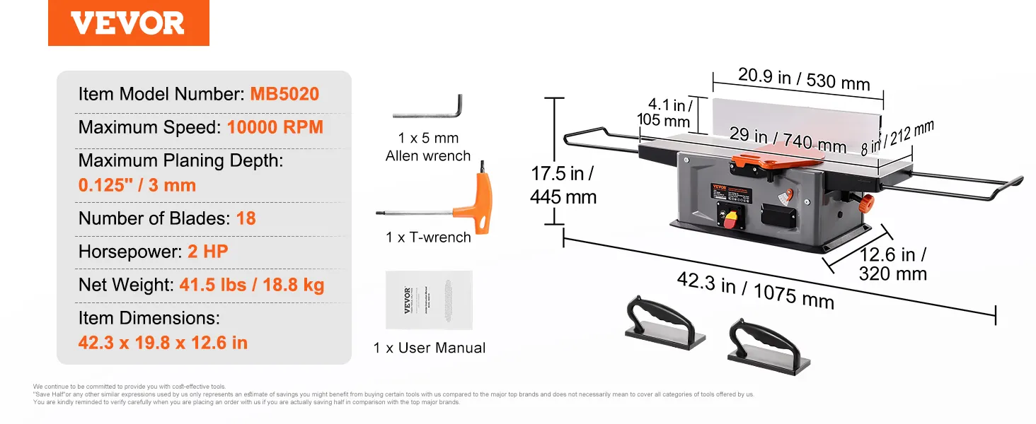 VEVOR spiral benchtop jointer mb5020, 10000 rpm, 2 hp, 18 blades, 42.3 x 19.8 x 12.6 inches.