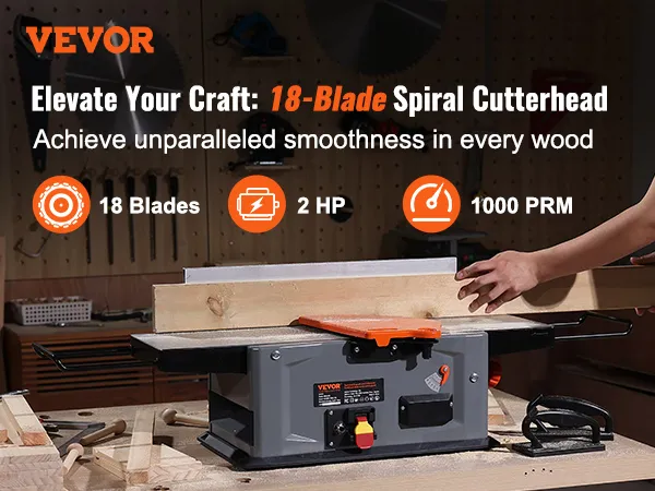 VEVOR spiral benchtop jointer with 18-blade cutterhead for smooth wood finishing, 2 hp, 1000 rpm.