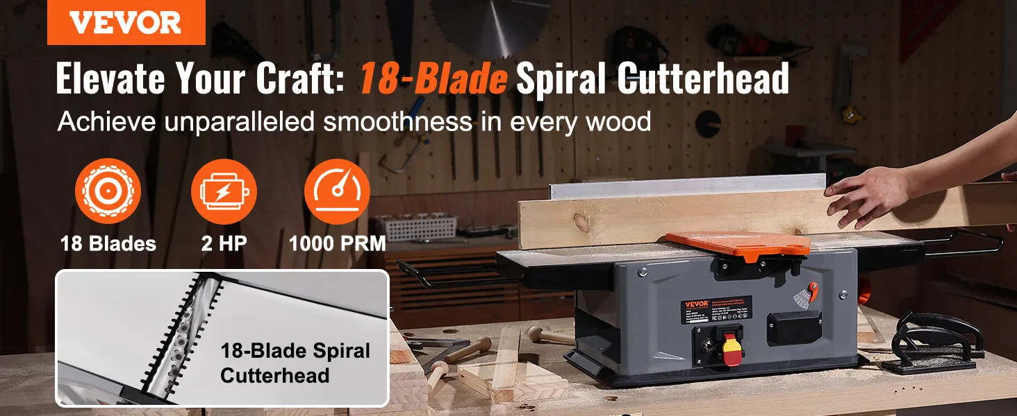VEVOR spiral benchtop jointer with 18-blade cutterhead for smooth wood finishing, 2 hp, 1000 rpm.