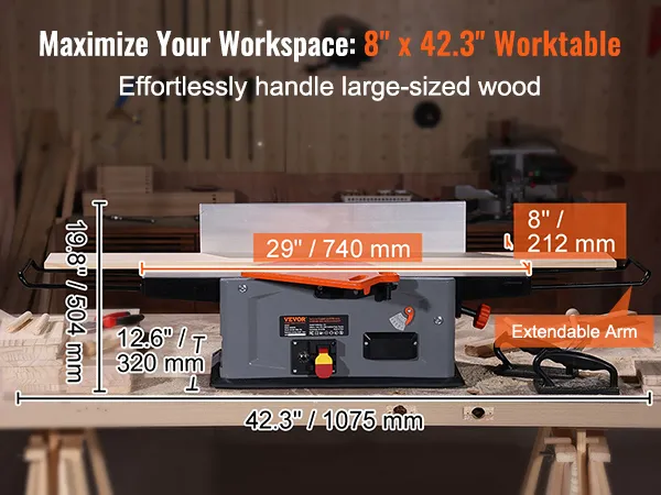 VEVOR spiral benchtop jointer with 8" x 42.3" worktable, extendable arm, and measurement labels.
