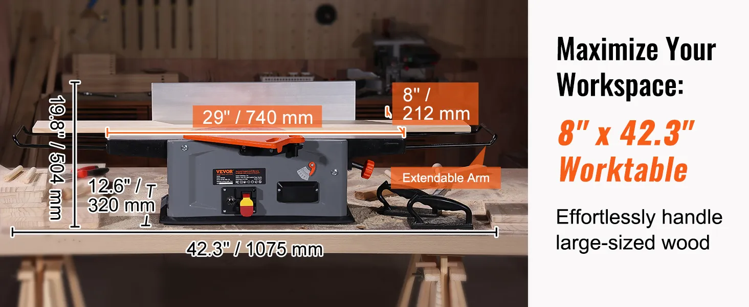 VEVOR spiral benchtop jointer with 8" x 42.3" worktable, extendable arm, and measurement labels.
