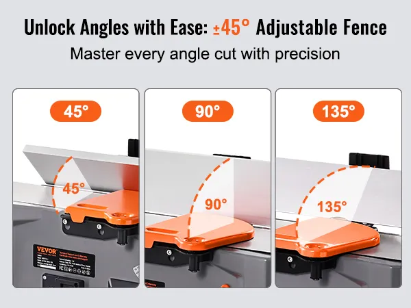 adjustable angles on VEVOR spiral benchtop jointer: 45°, 90°, and 135° for precise cuts.