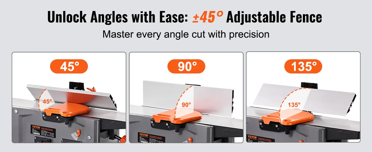 adjustable angles on VEVOR spiral benchtop jointer: 45°, 90°, and 135° for precise cuts.