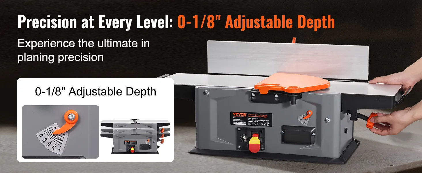 VEVOR spiral benchtop jointer with 0-1/8" adjustable depth for precise planing.