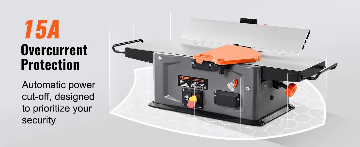 VEVOR spiral benchtop jointer with 15a overcurrent protection and automatic power cut-off for security.