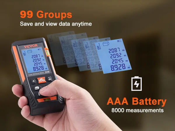 Medidor láser VEVOR de mano que muestra lecturas de distancia, 99 grupos, batería AAA, 8000 mediciones.