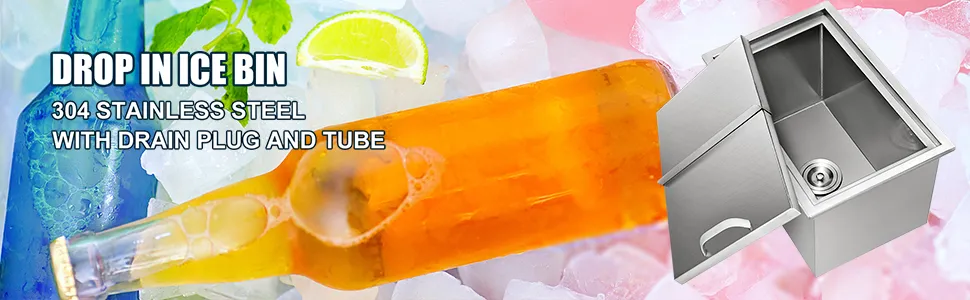 Hielera VEVOR con tapón de drenaje y tubo, rodeada de hielo y una bebida embotellada.