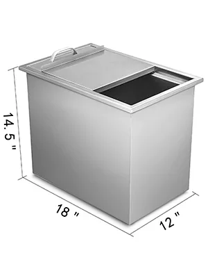 Hielera empotrable VEVOR con dimensiones de 18" x 12" x 14,5", acabado en acero inoxidable.