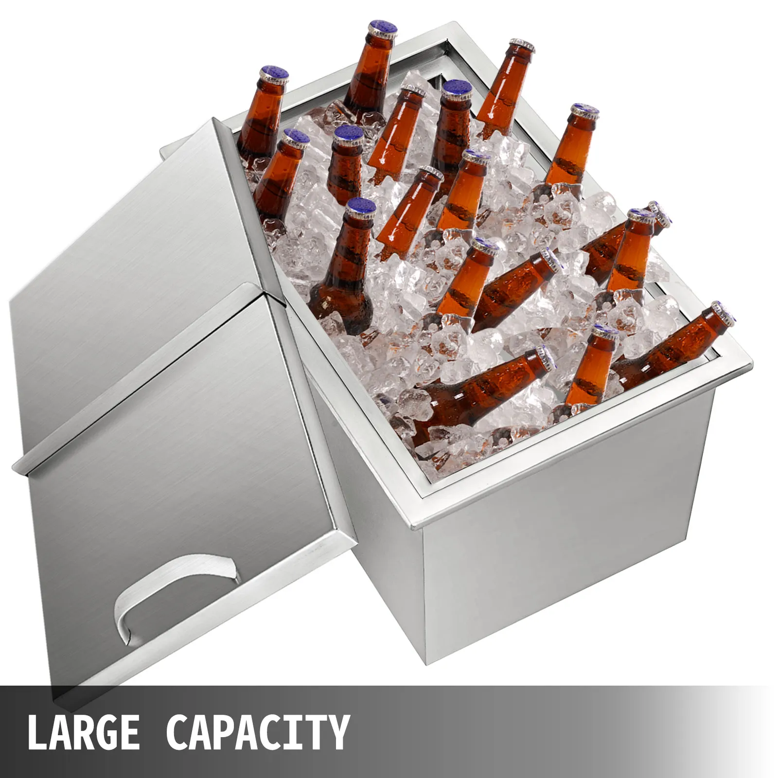Hielera VEVOR con tapa abatible, llena de hielo y botellas de cerveza, de gran capacidad.