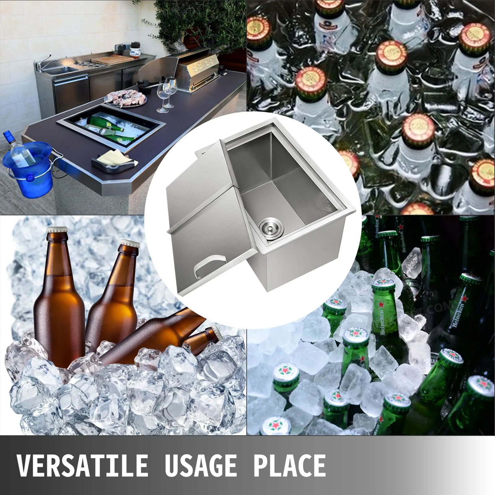 Nevera portátil VEVOR rodeada de botellas y con una cocina en el patio trasero.