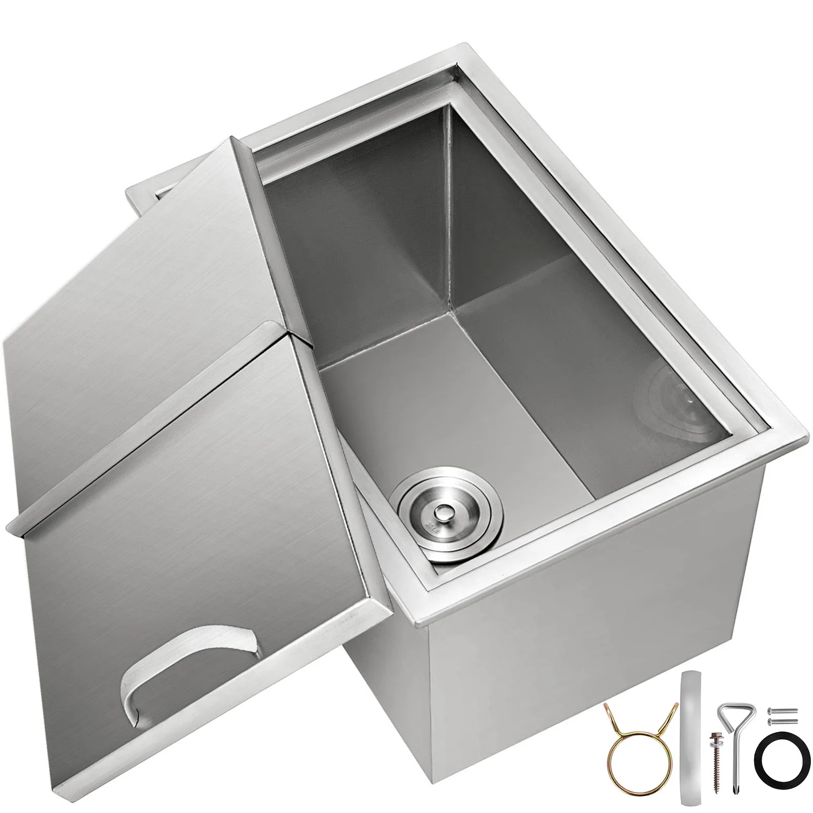Hielera empotrable VEVOR con tapa cerrada, construcción de acero inoxidable y accesorios incluidos.