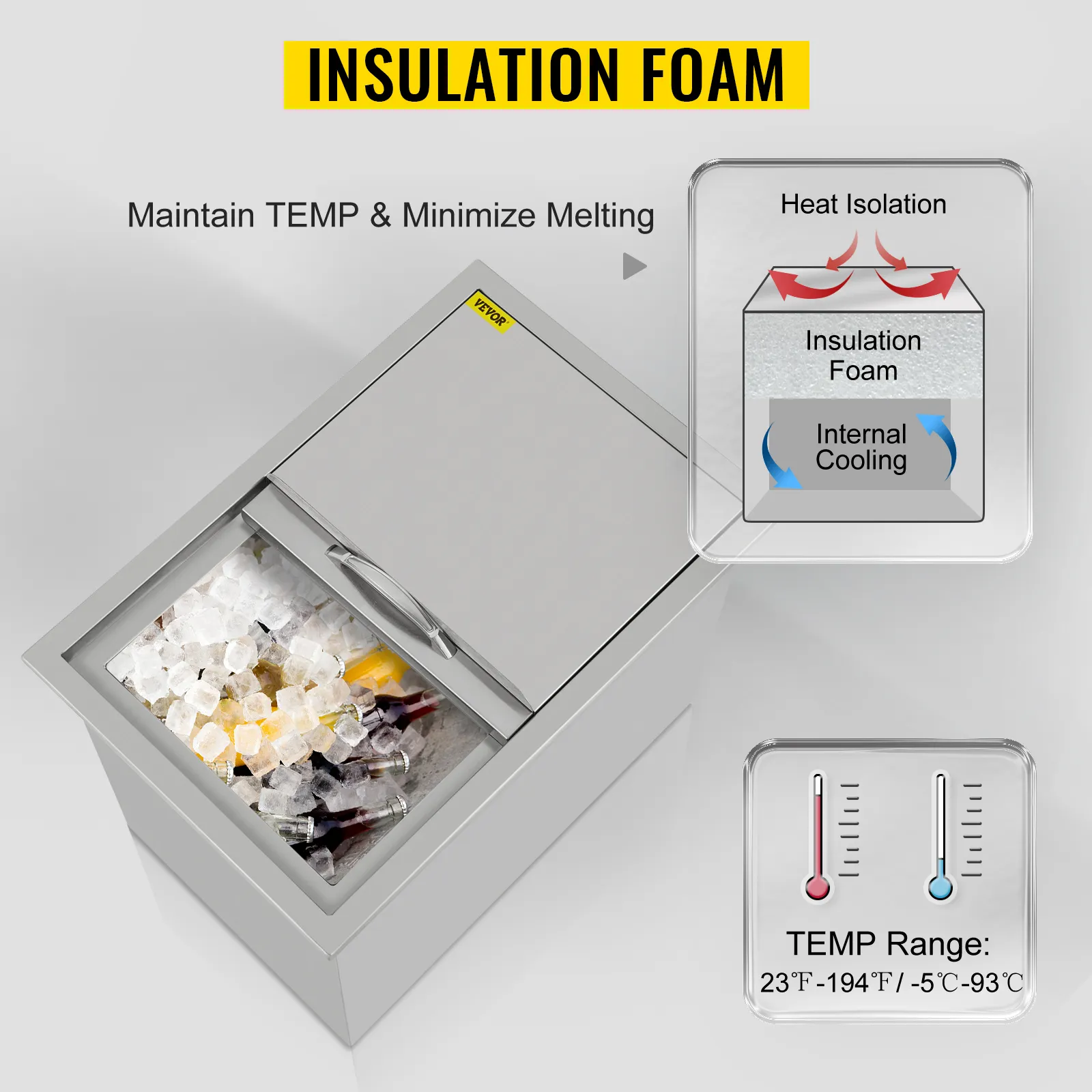 VEVOR-Einbaukühlbox mit Isolierschaum, die die Temperatur hält und das Schmelzen minimiert.
