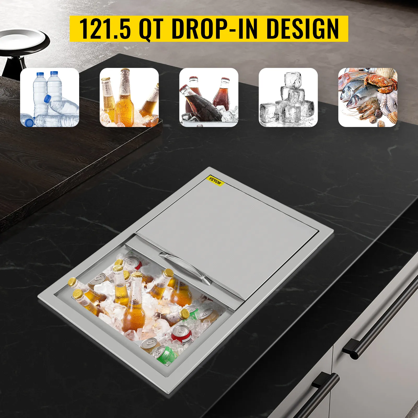 VEVOR-Einbaukühlbox mit Getränken und Eis, abgebildet ist das 121,5 qt Einbaudesign.