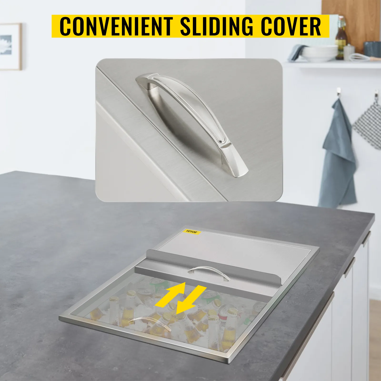 VEVOR-Einbau-Kühlbox mit praktischer Schiebeabdeckung für die moderne Küchenarbeitsplatte.