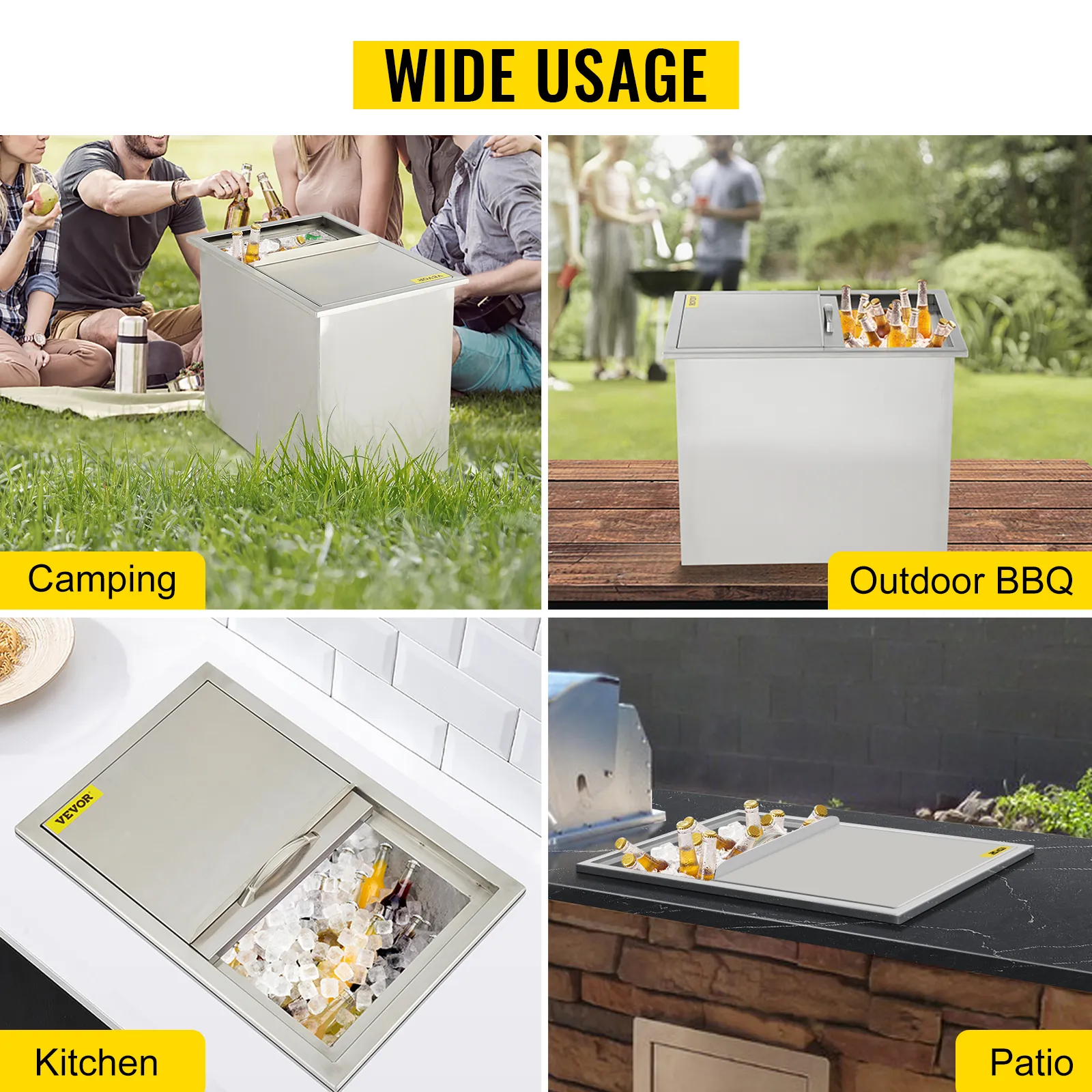 VEVOR-Einbaukühlbox im Einsatz beim Camping, Grillen im Freien, in der Küche und auf der Terrasse.