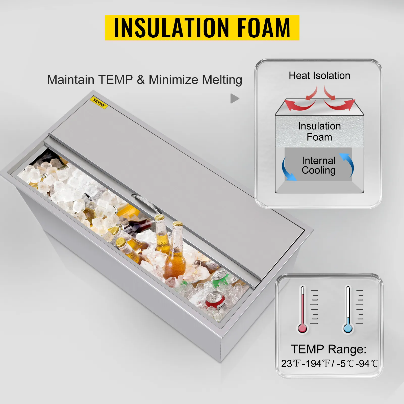 Hielera de acero inoxidable VEVOR con espuma aislante para mantener la temperatura y minimizar el derretimiento.