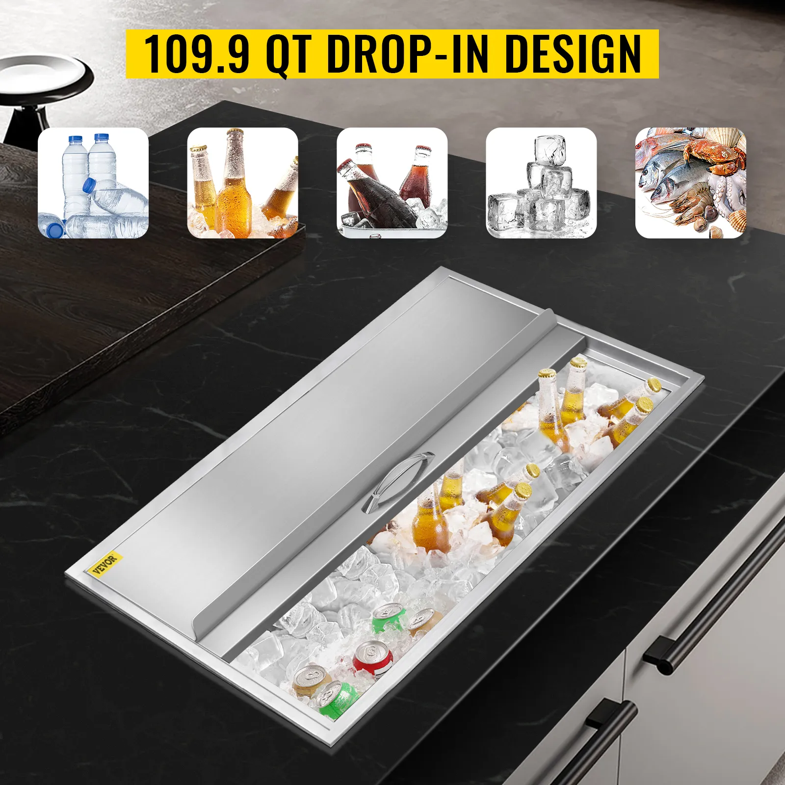 Hielera de acero inoxidable VEVOR con diseño empotrable de 109,9 qt, llena de botellas y hielo