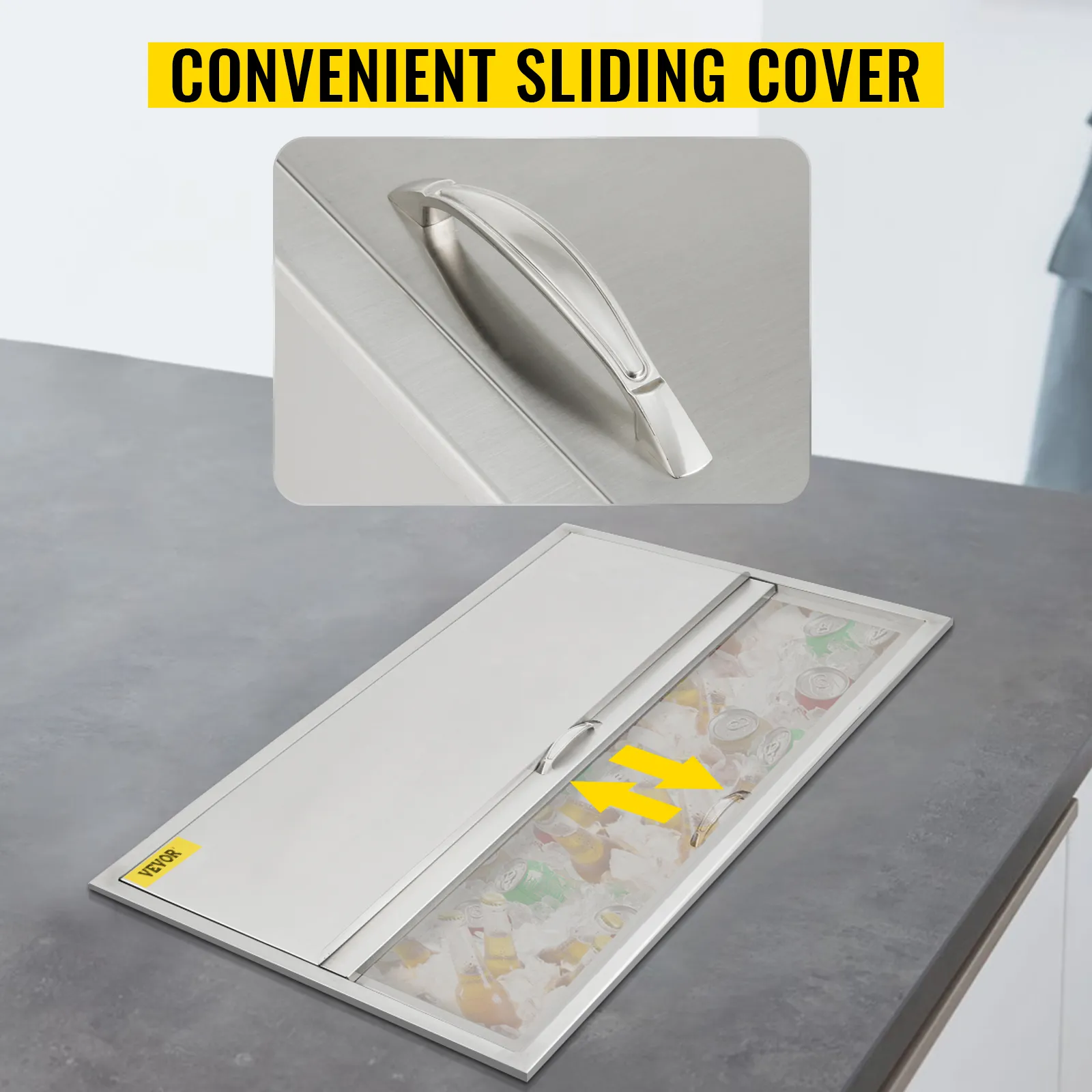 Hielera de acero inoxidable VEVOR con cómoda tapa deslizante sobre encimera.