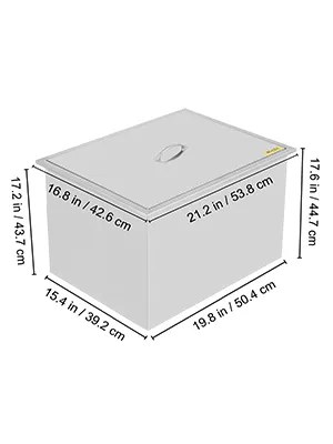 Dimensiones de la hielera empotrada VEVOR etiquetadas en pulgadas y centímetros.