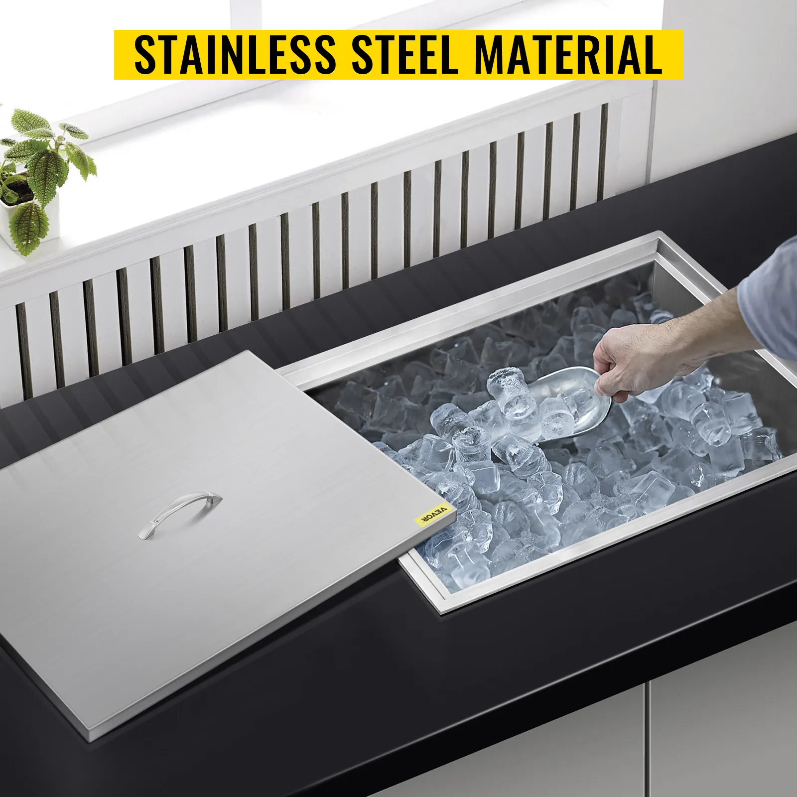 Hielera empotrada VEVOR con tapa de acero inoxidable y pala para hielo sobre encimera