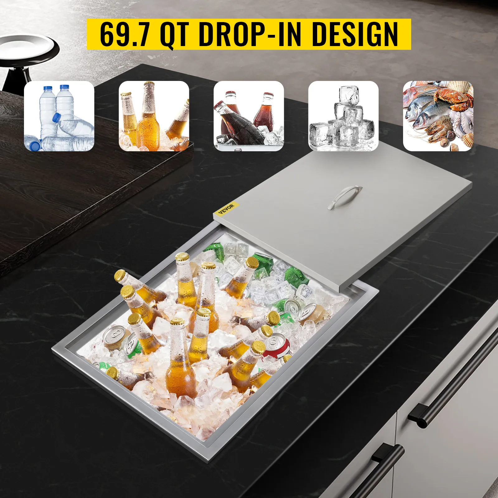 Hielera empotrable VEVOR llena de bebidas y hielo, en un diseño empotrable de 69,7 qt.