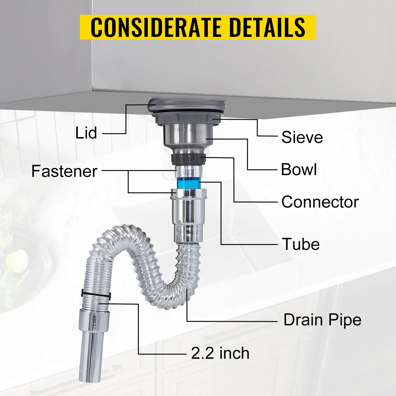 Detalles del ensamblaje de la hielera empotrada VEVOR que muestran la tapa, el colador, el recipiente y el tubo de drenaje.
