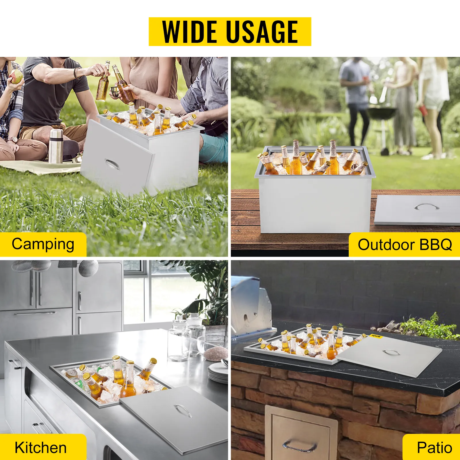 Hielera empotrable VEVOR utilizada para acampar, barbacoas al aire libre, cocina y patio. Amplio uso.