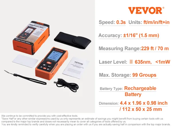 Conjunto de producto de medición láser VEVOR con cable USB, manual y bolsa de transporte, alcance de 229 pies, pantalla LCD de 2".