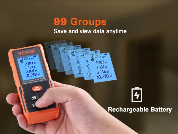 Medidor láser VEVOR de mano con pantalla que muestra 99 grupos de datos, "guardar y ver datos en cualquier momento".