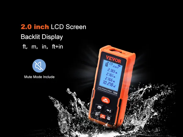 Medidor láser VEVOR con pantalla LCD de 2,0 pulgadas, pantalla retroiluminada y diseño a prueba de salpicaduras.