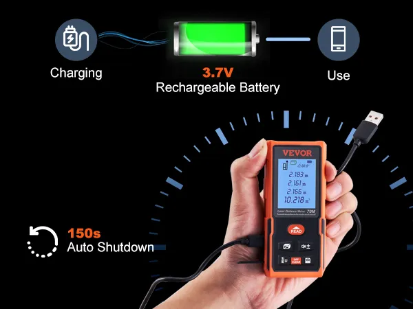 Medidor láser VEVOR con batería recargable y carga usb, apagado automático de 150 s, alcance de 70 m.