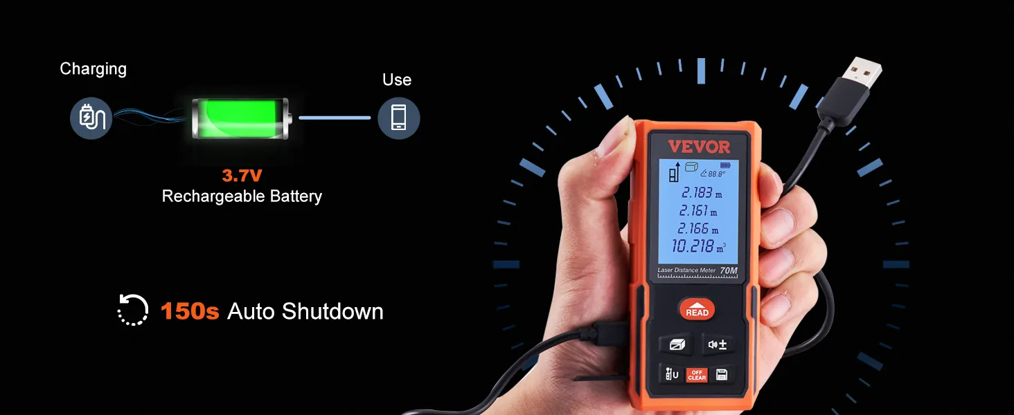Medidor láser VEVOR con batería recargable y carga usb, apagado automático de 150 s, alcance de 70 m.
