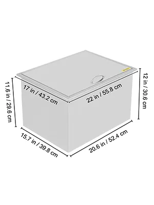 Dimensiones de la hielera empotrable VEVOR: 22" x 17" x 12", con una base de 20,6" x 15,7".