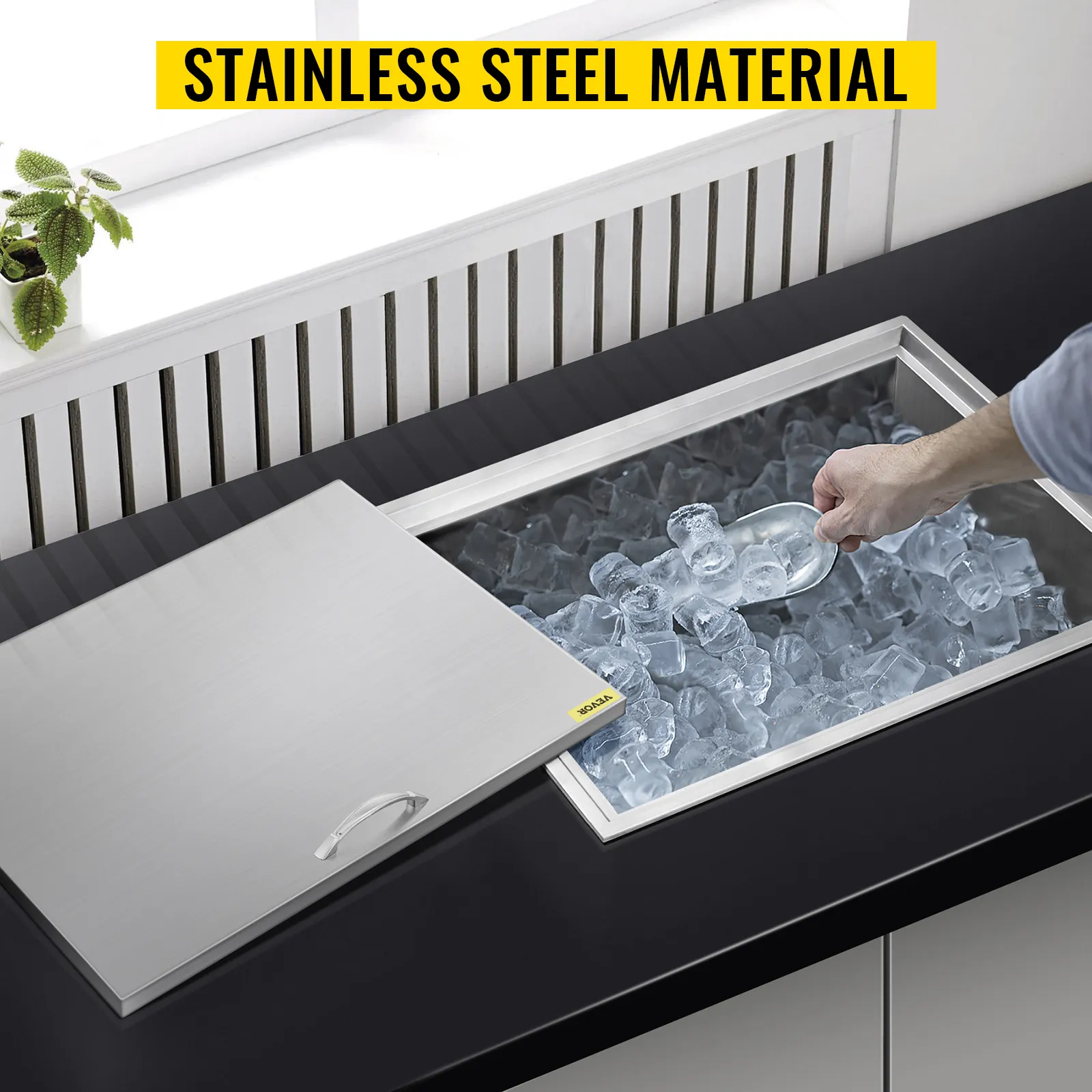 Hielera empotrada VEVOR con material de acero inoxidable instalada en una cocina moderna.