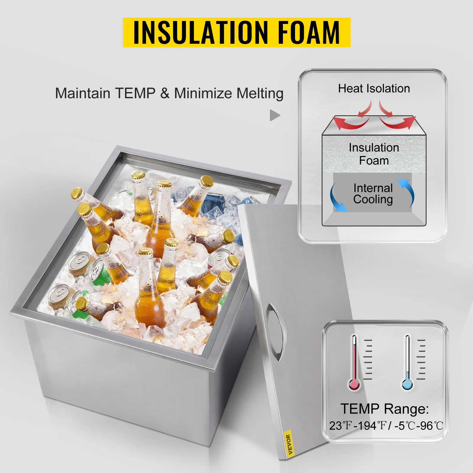 Hielera VEVOR con espuma aislante, botellas y tabla de temperaturas.