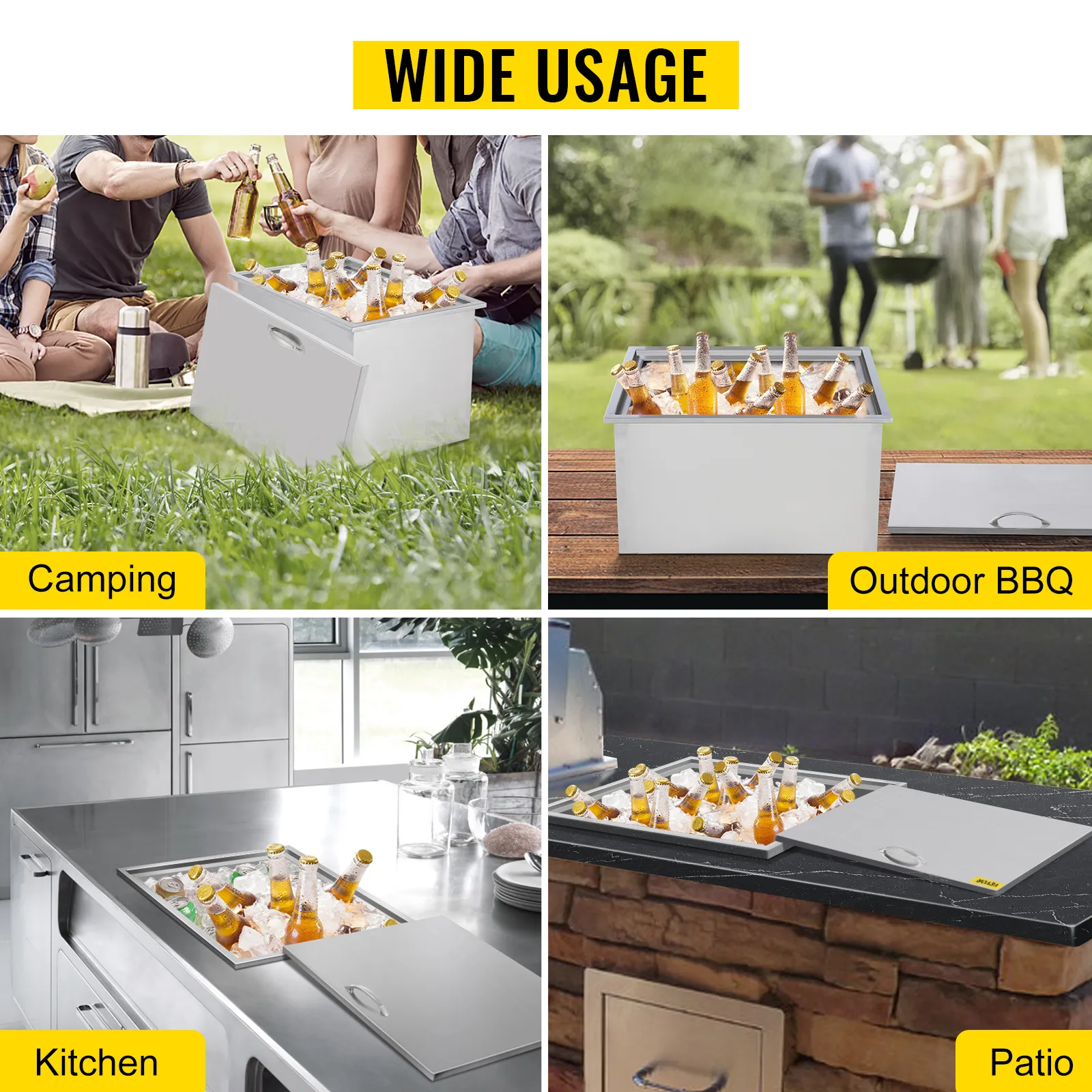 Hielera empotrable VEVOR utilizada para acampar, barbacoas al aire libre, cocina y patio. Amplio uso.