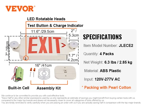 VEVOR led exit sign with rotatable heads, built-in cell, test button, and assembly kit.