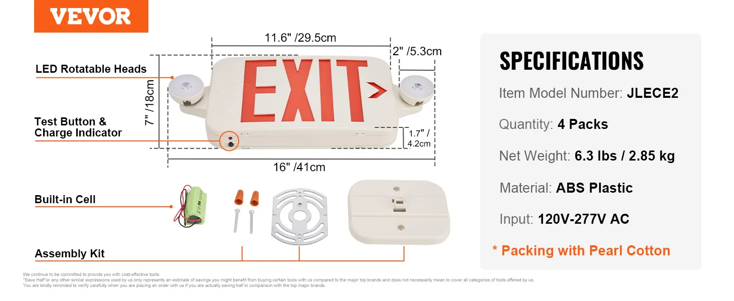 VEVOR led exit sign with rotatable heads, built-in cell, test button, and assembly kit.