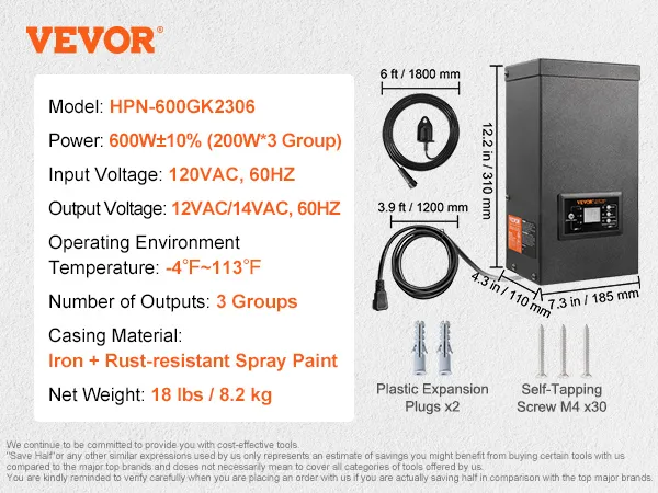 VEVOR landscape transformer specifications, including power, voltage, dimensions, and accessories.