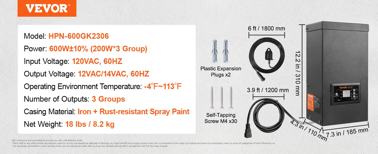 VEVOR landscape transformer specifications, including power, voltage, dimensions, and accessories.