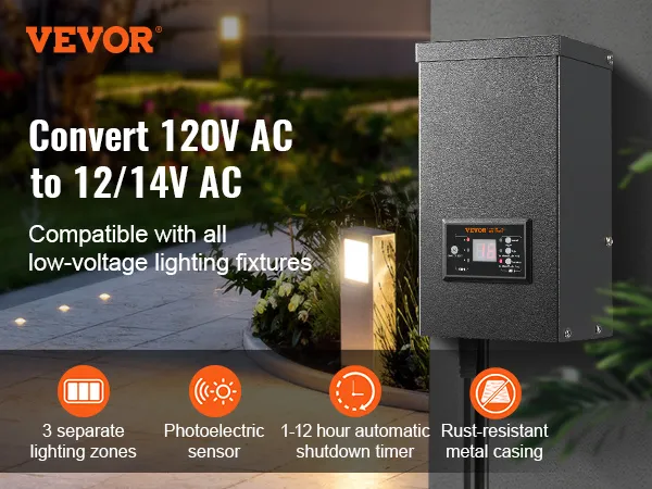 VEVOR landscape transformer with 3 lighting zones, auto timer, photoelectric sensor, rust-resistant case.