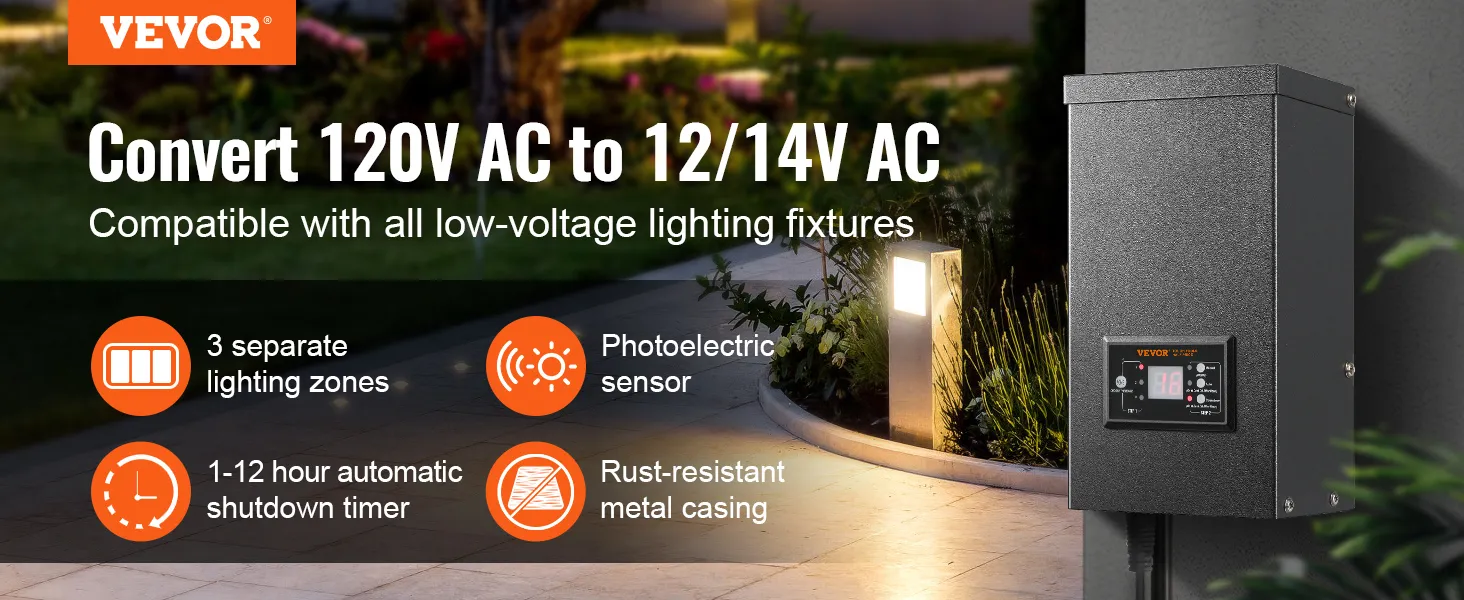 VEVOR landscape transformer with 3 lighting zones, auto timer, photoelectric sensor, rust-resistant case.