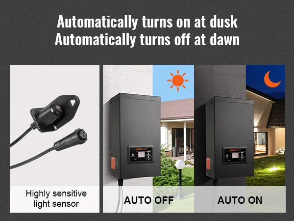 VEVOR landscape transformer with highly sensitive light sensor, auto on/off at dusk and dawn.